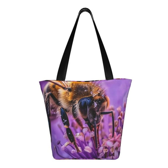 Uemuo Closeup Honeybee on Flower Print Tote Bags for Women,Large Capacity Corduroy Bag,Reusable Grocery Shoulder Bag,Beach Tote with Zipper Closure, Daily Essentials
