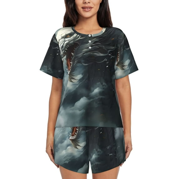 Uemuo Cloud White Dragon Pattern Women's Short-Sleeved Pajama, Button-Front Loungewear, 2-Piece Summer Sleepwear, Elastic Drawstring Shorts-Small