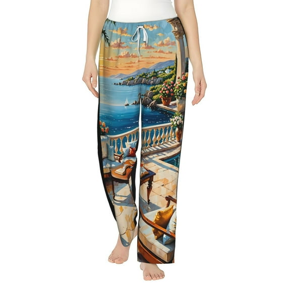 Uemuo Coastal Style Garden Villa Pattern Women's Wide Leg Palazzo Lounge Pants with Pockets Light Weight Loose Comfy Casual Pajama Pants-Large