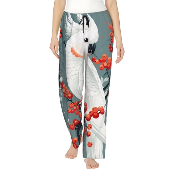 Uemuo Cockatoo Red Berries Pattern Women's Wide Leg Palazzo Lounge Pants with Pockets Light Weight Loose Comfy Casual Pajama Pants-X-Large