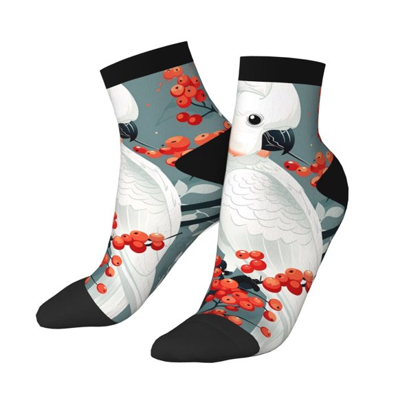 Uemuo Cockatoo Red Berries Printed Crew Socks, Moisture-Wicking Socks, Athletic Socks for Men Breathable Cushion Socks Casual Sport Socks for Running Traveling