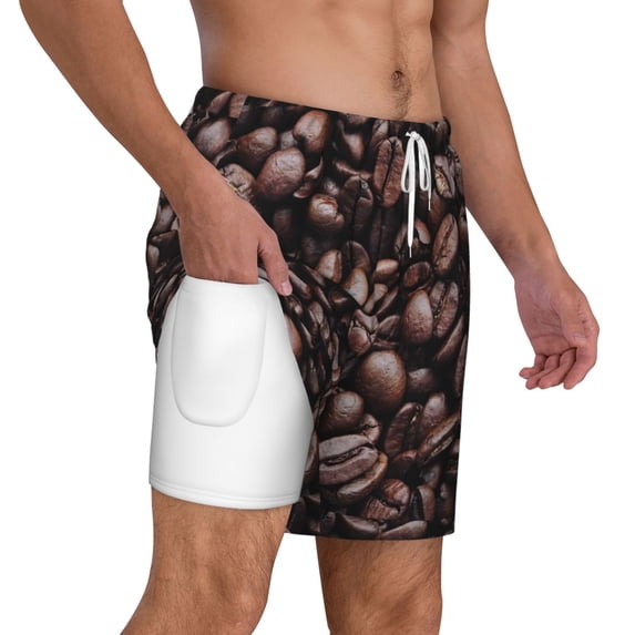 Uemuo Coffee Bean Pattern Mens Swim Trunks Quick Dry Board Shorts with Mesh Lining, Stretch Beach Shorts Quick Dry No-Chafing Board Shorts-3X-Large