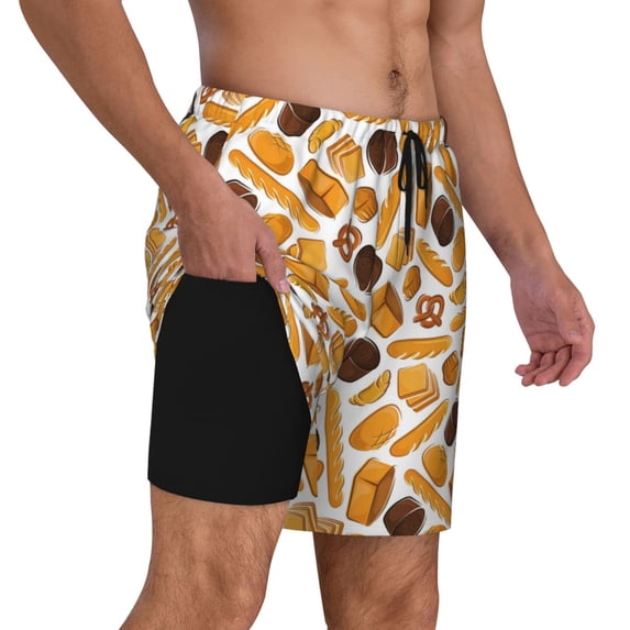 Uemuo Coffee Bun Hot Dog Pattern Mens Swim Trunks Quick Dry Board Shorts with Mesh Lining, Stretch Beach Shorts Quick Dry No-Chafing Board Shorts-Large