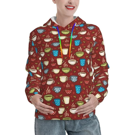 Uemuo Coffee Cups Pattern Women's Hoodie with Eye-catching Drawstrings- Casual Pullover Hoodie with Kangaroo Pocket, Stylish Hooded Sweatshirt-XX-Large