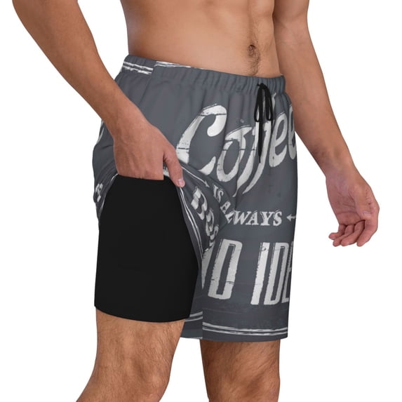 Uemuo Coffee Is Always A Good Idea Pattern Mens Swim Trunks Quick Dry Board Shorts with Mesh Lining, Stretch Beach Shorts Quick Dry No-Chafing Board Shorts-Large