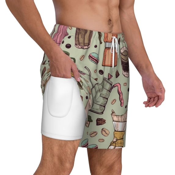 Uemuo Coffee Makers Macaroons Chocolate Pattern Mens Swim Trunks Quick Dry Board Shorts with Mesh Lining, Stretch Beach Shorts Quick Dry No-Chafing Board Shorts-XX-Large