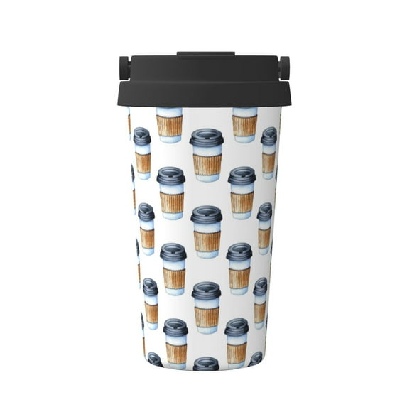 Uemuo Coffee To Go Pattern Print Carry Insulated Coffee Mug, Travel Mug with Hidden Handle, Insulated Coffee Flask, Leak-proof Travel Mug Insulated Mug for Office