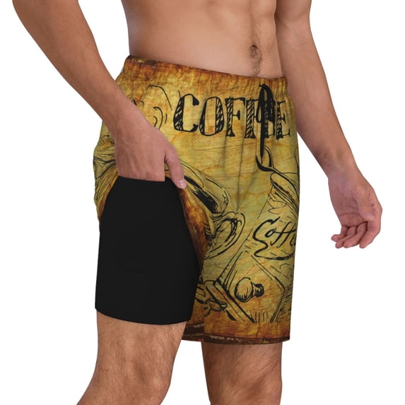 Uemuo Coffee Vintage Pattern Mens Swim Trunks Quick Dry Board Shorts with Mesh Lining, Stretch Beach Shorts Quick Dry No-Chafing Board Shorts-Large