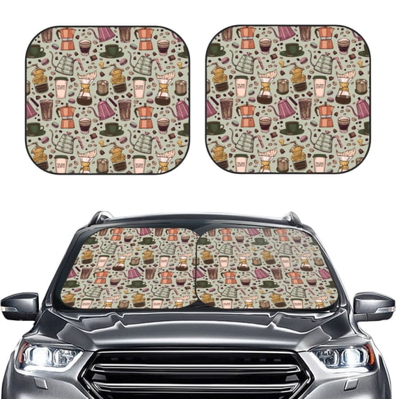 Uemuo Coffee pots cup Printed 2 PCS Car Windshield Sun Shade, Auto Sun Heat and UV Rays Blocker, Foldable Automotive Front Window Sunshade Protector
