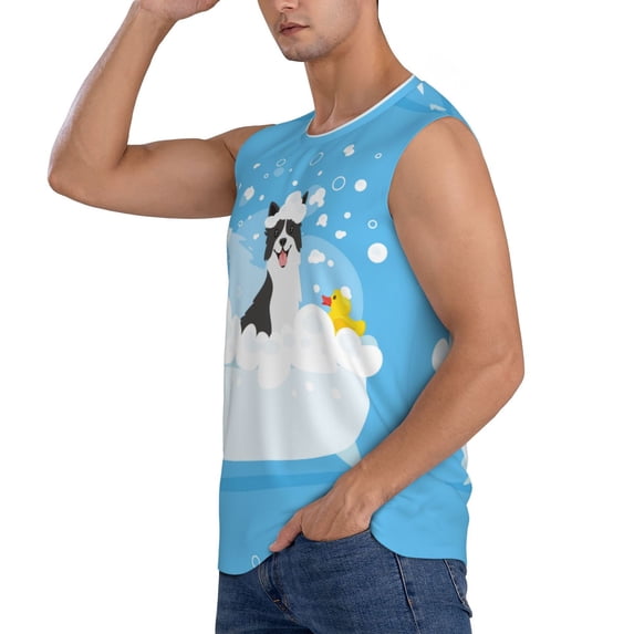 Uemuo Collie in Bathtub Pattern Men's Sleeveless T-Shirt,Muscle Athletic Tank Top, Moisture-wicking Quick-dry Breathable Classic Tee Top for Gym Run Outdoor Sports-