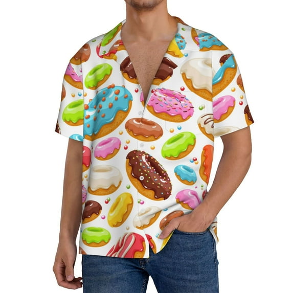 Uemuo Color Donut Pattern Cotton Linen Short Sleeve Shirts,Casual Lightweight Button Down Shirts,Vacation Beach Summer Tops-X-Large