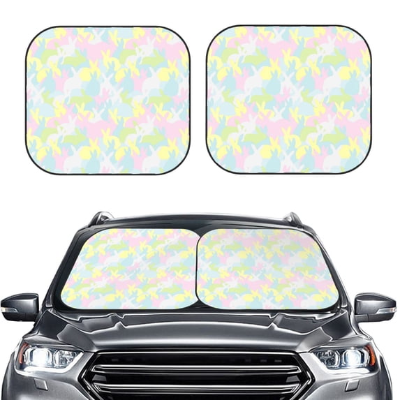 Uemuo Color Rabbit Printed 2 PCS Car Windshield Sun Shade, Auto Sun Heat and UV Rays Blocker, Foldable Automotive Front Window Sunshade Protector