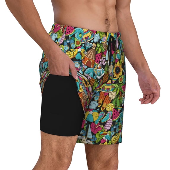 Uemuo Color Summer Pattern Mens Swim Trunks Quick Dry Board Shorts with Mesh Lining, Stretch Beach Shorts Quick Dry No-Chafing Board Shorts-XX-Large