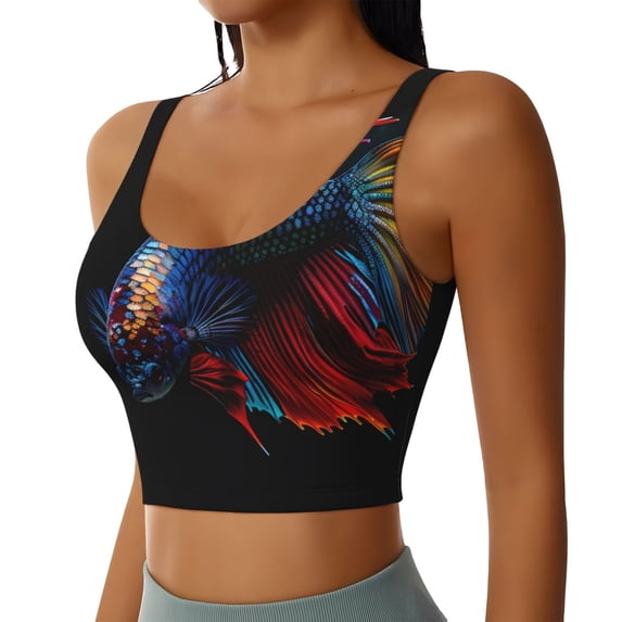 Uemuo Colorful Betta Fish Pattern Women's Sports Bra - High Impact Support, Breathable, and Comfortable Athletic Bra for Running, Yoga, and Workouts