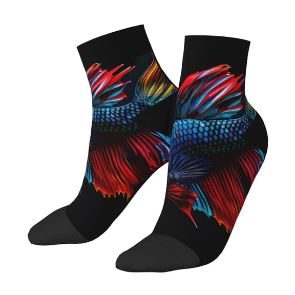 Uemuo Colorful Betta Fish Printed Crew Socks, Moisture-Wicking Socks, Athletic Socks for Men Breathable Cushion Socks Casual Sport Socks for Running Traveling