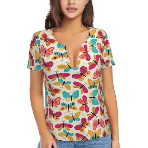 Uemuo Colorful Butterflies Drawing Women's Deep V-Neck Low Cut Tops - Casual Loose Fit with Stainless Steel Loop, Soft, Breathable, Perfect for Office, Travel, and Daily Wear-Large