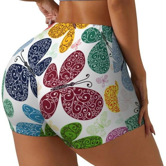 Uemuo Colorful Butterflies Pattern Women Workout Impact Shorts Scrunch Butt Lifting Gym Shorts Seamless Booty Biker Shorts-X-Large