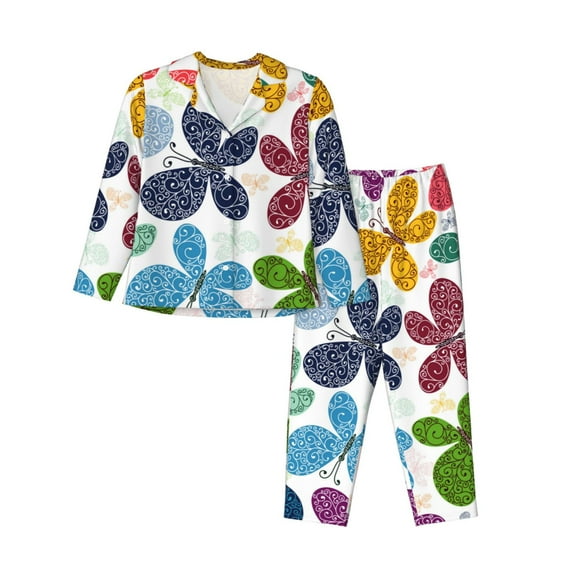 Uemuo Colorful Butterflies Pattern Womens Pajama Sets,PJ Set for Women,Pajamas for Women Logo,Long Sleeve Pajama Set for Women,Soft Long Sleeve Top With Pants-X-Large