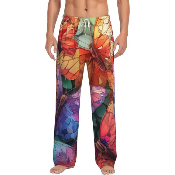 Uemuo Colorful Butterfly Cluster Pattern Men's Wide Leg Palazzo Lounge Pants with Pockets Light Weight Loose Comfy Casual Pajama Pants-Small