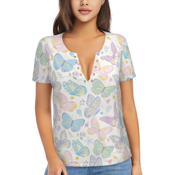 Uemuo Colorful Butterfly Drawing Women's Deep V-Neck Low Cut Tops - Casual Loose Fit with Stainless Steel Loop, Soft, Breathable, Perfect for Office, Travel, and Daily Wear-Large