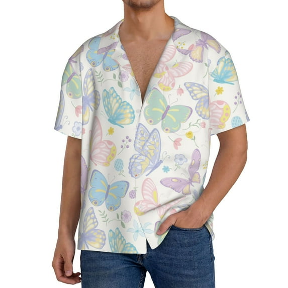 Uemuo Colorful Butterfly Pattern Cotton Linen Short Sleeve Shirts,Casual Lightweight Button Down Shirts,Vacation Beach Summer Tops-Medium