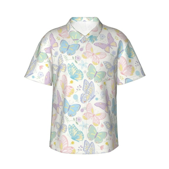 Uemuo Colorful Butterfly Printed Regular Fit Short Sleeve Casual Hawaiian Shirt for Men,Aloha shirt,Tropical shirt,Floral print shirt,Vacation Beach shirt-3X-Large