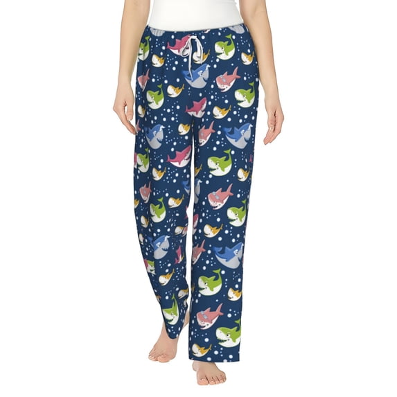Uemuo Colorful Cartoon Shark Pattern Women's Wide Leg Palazzo Lounge Pants with Pockets Light Weight Loose Comfy Casual Pajama Pants-Large