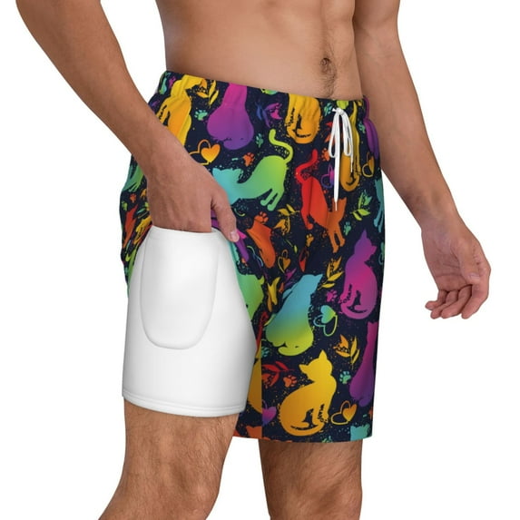 Uemuo Colorful Cats Pattern Mens Swim Trunks Quick Dry Board Shorts with Mesh Lining, Stretch Beach Shorts Quick Dry No-Chafing Board Shorts-Medium