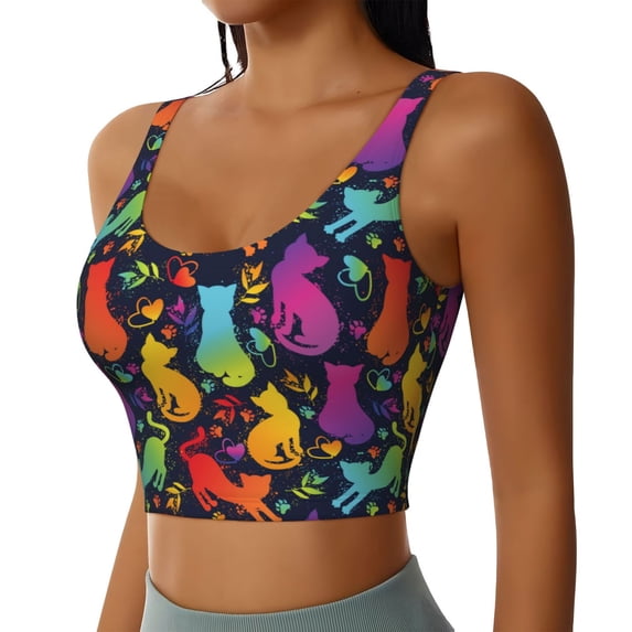 Uemuo Colorful Cats Pattern Women's Sports Bra - High Impact Support, Breathable, and Comfortable Athletic Bra for Running, Yoga, and Workouts