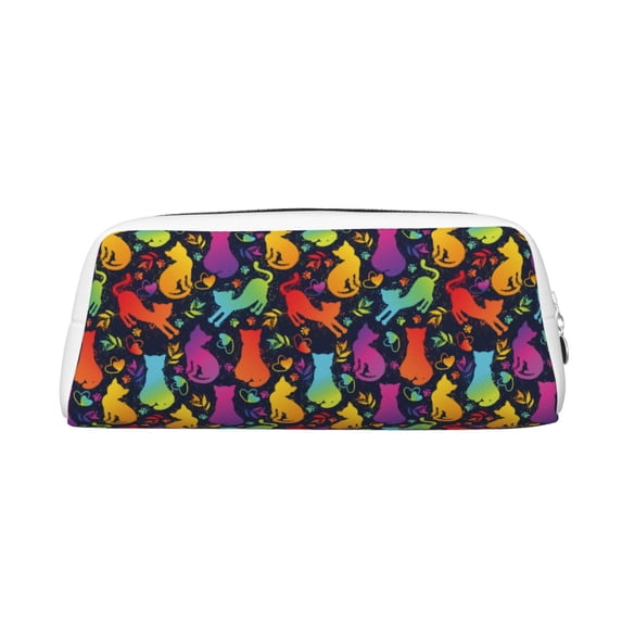 Uemuo Colorful Cats Printed Leather Pencil Case, Pencil Pouch, Portable Pencil Bag, Pen Case for& Office