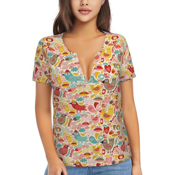 Uemuo Colorful Chicken Drawing Women's Deep V-Neck Low Cut Tops - Casual Loose Fit with Stainless Steel Loop, Soft, Breathable, Perfect for Office, Travel, and Daily Wear-Small