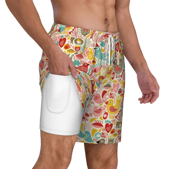 Uemuo Colorful Chicken Pattern Mens Swim Trunks Quick Dry Board Shorts with Mesh Lining, Stretch Beach Shorts Quick Dry No-Chafing Board Shorts-3X-Large