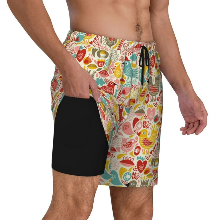Uemuo Colorful Chicken Pattern Mens Swim Trunks Quick Dry Board Shorts with Mesh Lining Stretch Beach Shorts Quick Dry No Chafing Board