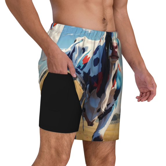 Uemuo Colorful Cow Pasture Pattern Mens Swim Trunks Quick Dry Board Shorts with Mesh Lining, Stretch Beach Shorts Quick Dry No-Chafing Board Shorts-Large