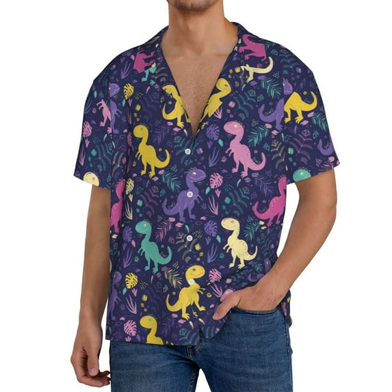 Uemuo Colorful Dinosaur Pattern Cotton Linen Short Sleeve Shirts,Casual Lightweight Button Down Shirts,Vacation Beach Summer Tops-Small