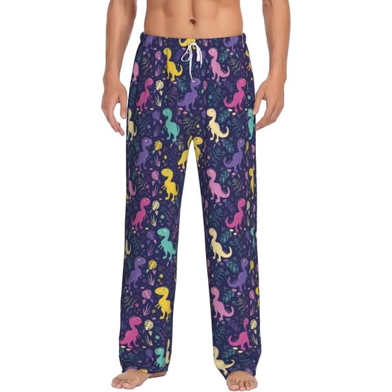 Uemuo Colorful Dinosaur Pattern Men's Wide Leg Palazzo Lounge Pants with Pockets Light Weight Loose Comfy Casual Pajama Pants-X-Large