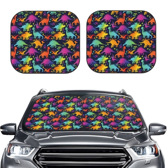 Uemuo Colorful Dinosaur Printed 2 PCS Car Windshield Sun Shade, Auto Sun Heat and UV Rays Blocker, Foldable Automotive Front Window Sunshade Protector