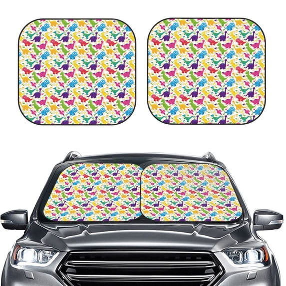Uemuo Colorful Dinosaurs Printed 2 PCS Car Windshield Sun Shade, Auto Sun Heat and UV Rays Blocker, Foldable Automotive Front Window Sunshade Protector