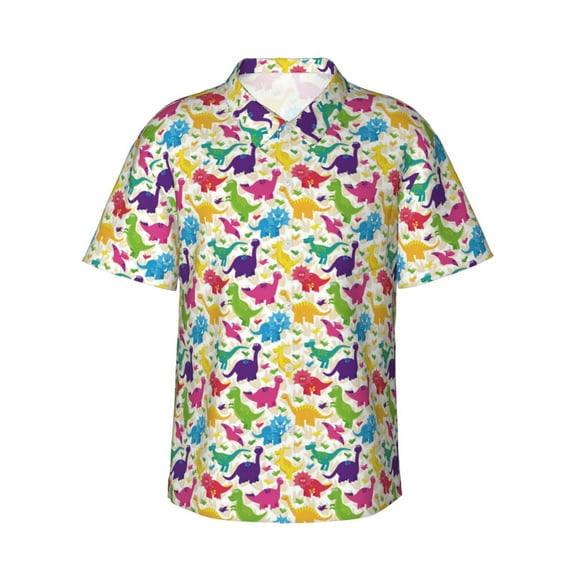 Uemuo Colorful Dinosaurs Printed Regular Fit Short Sleeve Casual Hawaiian Shirt for Men,Aloha shirt,Tropical shirt,Floral print shirt,Vacation Beach shirt-