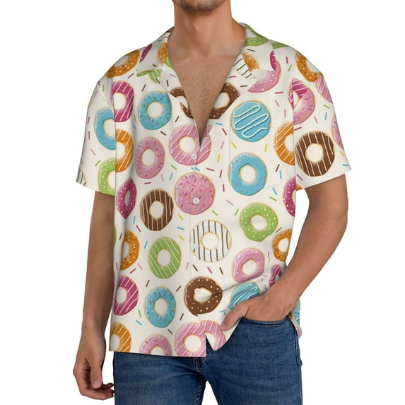 Uemuo Colorful Donuts Pattern Cotton Linen Short Sleeve Shirts,Casual Lightweight Button Down Shirts,Vacation Beach Summer Tops-X-Large