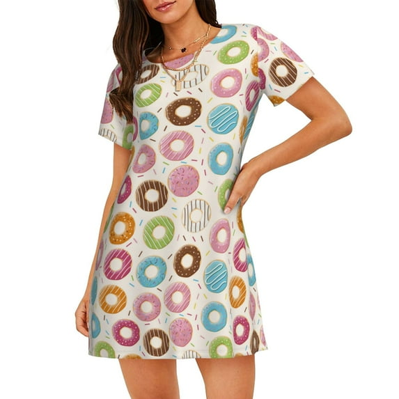 Uemuo Colorful Donuts Pattern Women’s Nightdress – Casual Sleep Shirt, Soft Relaxed Fit Short-Sleeved Cotton Sleepwear for Home, Bedtime, and Lounging