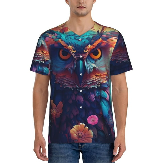 Uemuo Colorful Feather Owl Print Mens Polo Shirts Baseball T-shirt Performance Short Sleeve Golf Shirt Moisture Wicking Athletic Casual Collared T-Shirt-Large
