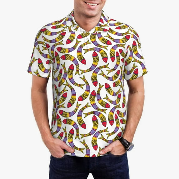 Uemuo Colorful Fishes for Men’s Golf Shirt – Premium Pique Cotton Polo, Soft & Breathable Casual Short Sleeve Shirt, Comfortable Activewear for Sports & Leisure-Large