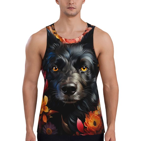 Uemuo Colorful Floral Black Dog Pattern Men's Muscle Shirts Sleeveless Dry Fit Gym Workout Tank Top Lightweight Sports Tank Top Beach Tank Top, Loose-fit Sleeveless Shirt-4X-Large