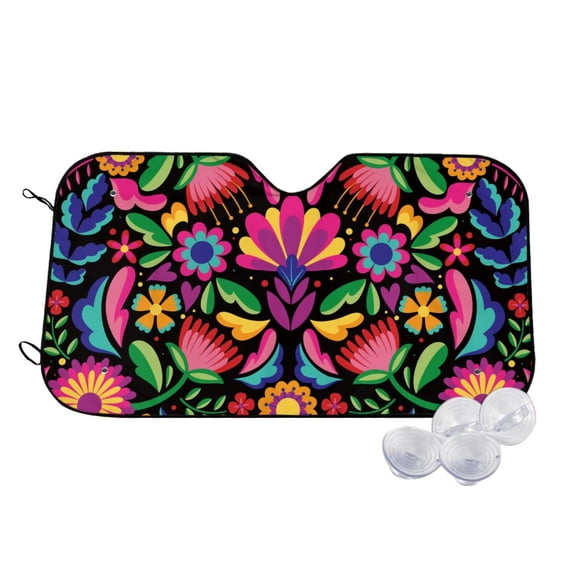 Uemuo Colorful Floral Embroidery Mexican Pattern Accordion Car Windshield Sun Shade, Foldable Reflective Sun Visor for Car, Reflector Windshield Sunshade-Small