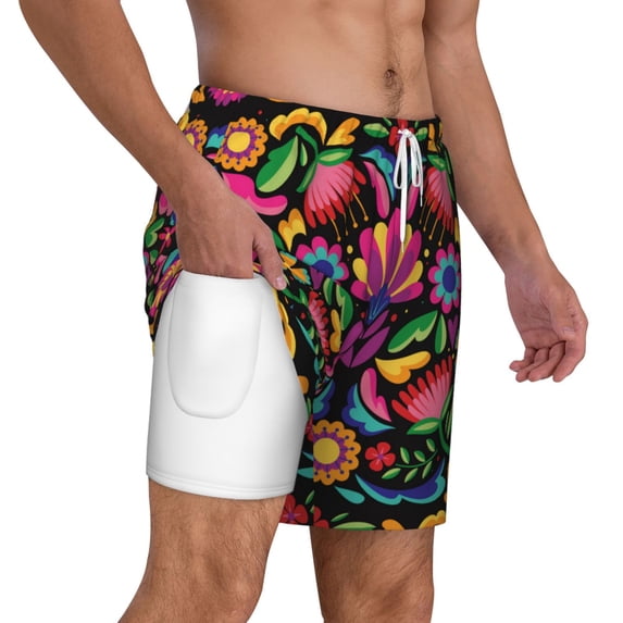 Uemuo Colorful Floral Embroidery Mexican Pattern Mens Swim Trunks Quick Dry Board Shorts with Mesh Lining, Stretch Beach Shorts Quick Dry No-Chafing Board Shorts-Small