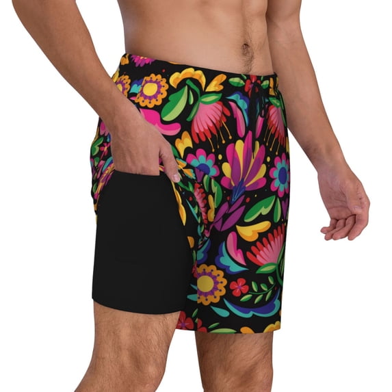 Uemuo Colorful Floral Embroidery Mexican Pattern Mens Swim Trunks Quick Dry Board Shorts with Mesh Lining, Stretch Beach Shorts Quick Dry No-Chafing Board Shorts-