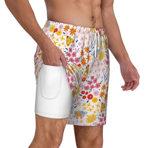 Uemuo Colorful Floral Pattern Mens Swim Trunks Quick Dry Board Shorts with Mesh Lining, Stretch Beach Shorts Quick Dry No-Chafing Board Shorts-Small