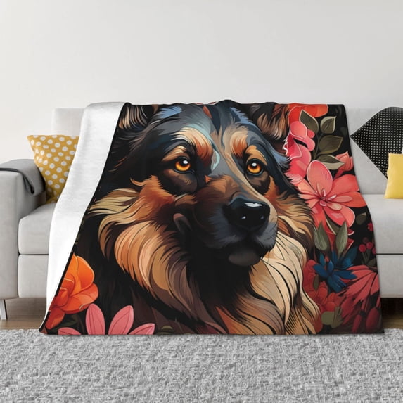 Uemuo Colorful Flower German Shepherd Printed Throw Blanket for Couch, Fluffy Fuzzy Blankets for Bed, Sofa, Cozy Flannel Faux Fur Blanket-80"x60"