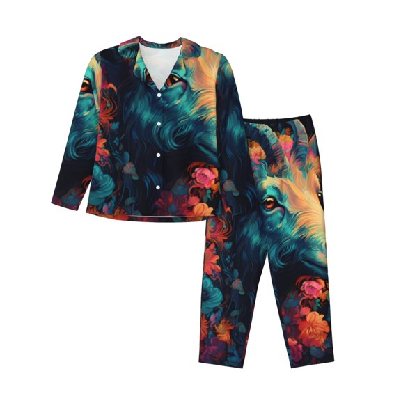 Uemuo Colorful Flower Goat Pattern Womens Pajama Sets,PJ Set for Women,Pajamas for Women Logo,Long Sleeve Pajama Set for Women,Soft Long Sleeve Top With Pants-Large